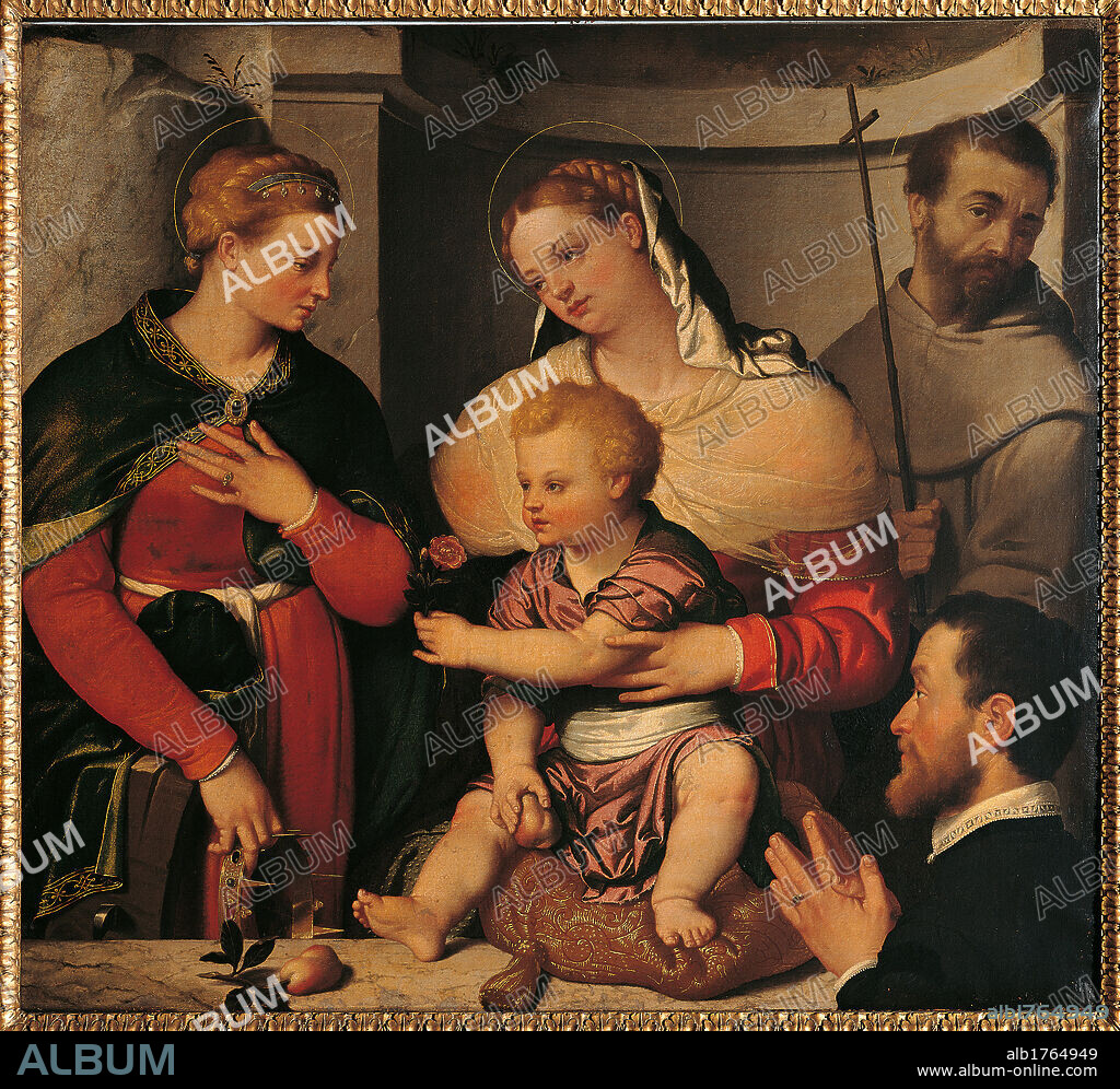 Madonna with Child and Saints Catherine, Francis and the Donor, by Giovan Battista Moroni, about, 16th Century,. Italy, Lombardy, Milan, Brera art gallery. All. Sacred Conversation St Mary Madonna Virgin Baby Child Jesus St Catherine St Francis donor client fruit table shelf cushion interior crucifix. Authorization required for non editorial use.