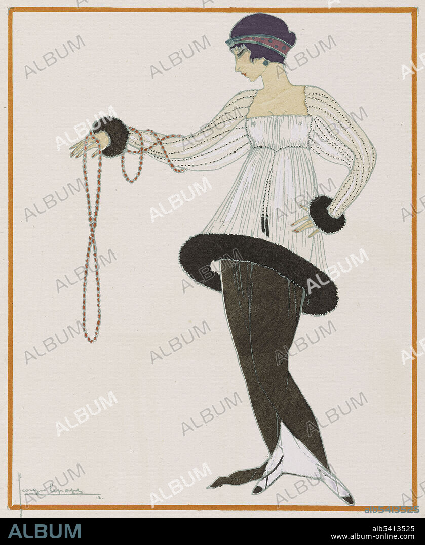 The new necklace, evening dress by Poiret. Paul Poiret (1879 - 1944) was an influential French fashion designer. He is famous for his controversial loose-fitting designs created specifically for an un-corseted woman. He designed flamboyant window displays and threw extravagant parties to promote his designs. Gazette du bon ton, 1913-14 (cropped and cleaned).