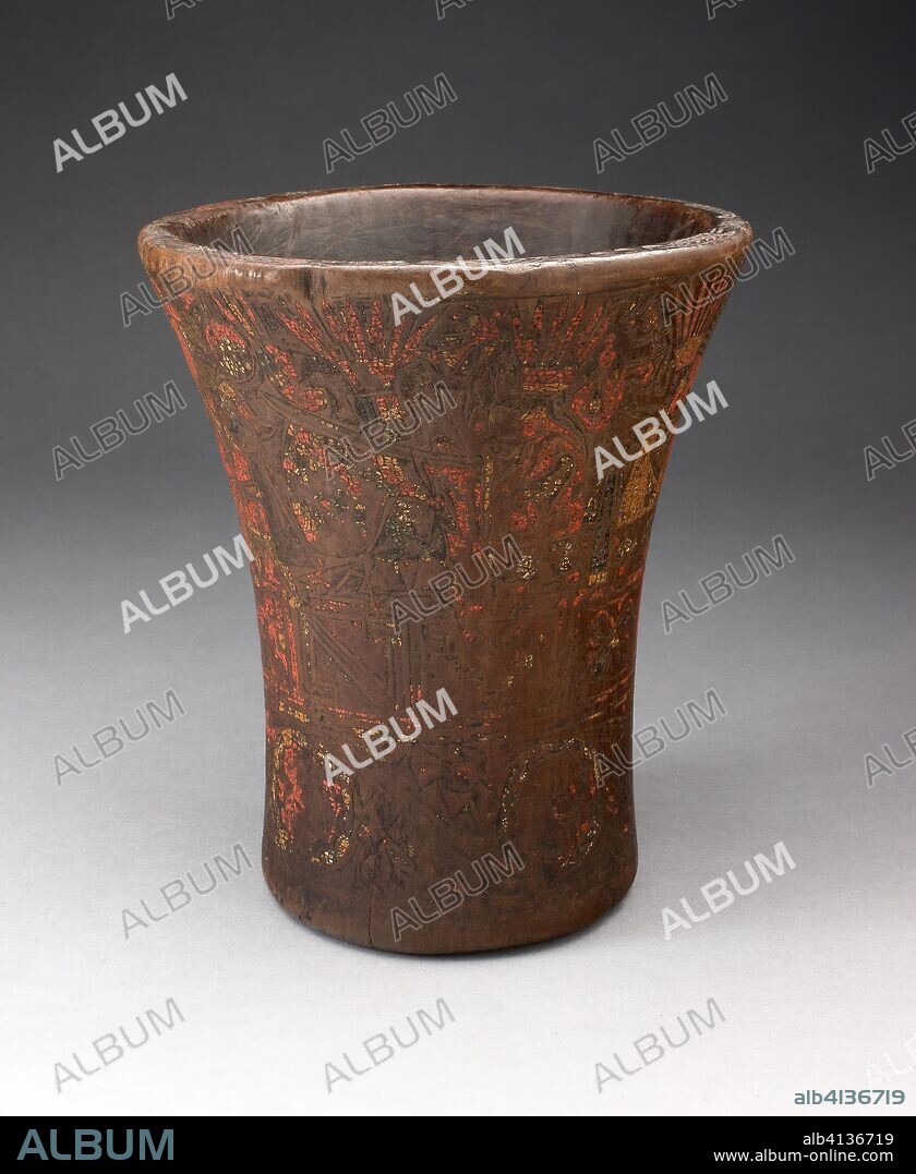 Drinking Vessel (Kero) with Floral and Animal Motifs. Colonial Inca; South coast or southern highlands, Peru. Date: 1450-1532. Dimensions: 17.5 x 14.6 cm (6 7/8 x 5 3/4 in.). Wood and pigment. Origin: Peru.