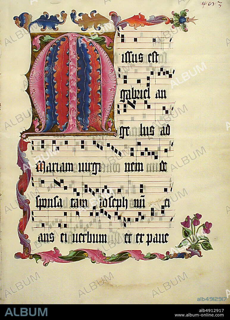 Manuscript Leaf with the Initial M, from an Antiphonary, German, ca. 142550, Made in Mainz, Germany, German, Tempera, ink, and metal leaf on parchment, Overall: 18 7/8 x 14 1/16 in. (47.9 x 35.7 cm), Initial: 6 1/4 x 5 1/2 in. (15.8 x 13.9 cm), Mat size: 27 15/16 x 21 15/16 in. (71 x 55.8 cm), Manuscripts and Illuminations.