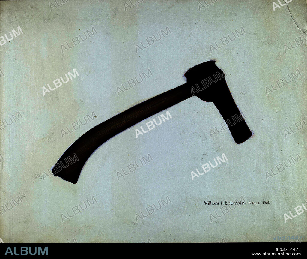 WILLIAM H. EDWARDS. Post Axe. Dated: 1935/1942. Dimensions: overall: 22 x 28 cm (8 11/16 x 11 in.)  Original IAD Object: overall: 17" long; blade: 7 3/4" long; 1 3/4" wide; head: 2 1/2" wide; 1 1/2" thick. Medium: watercolor, graphite, and gouache on paperboard.