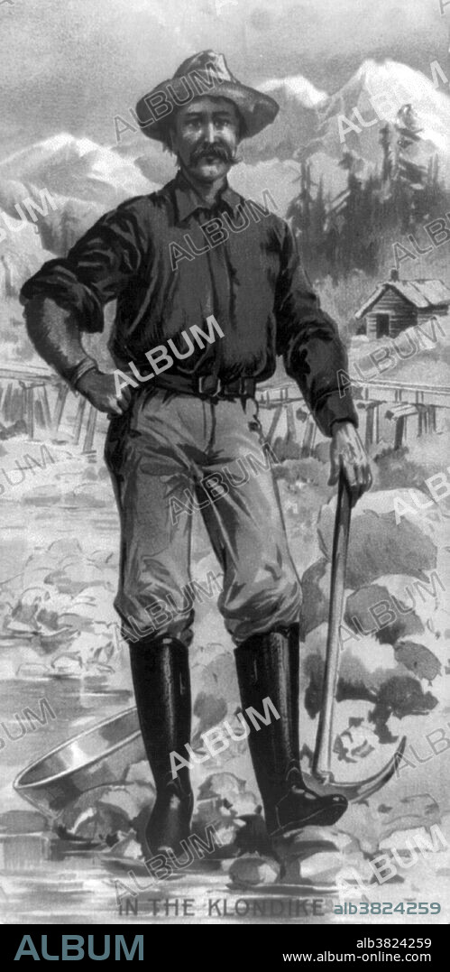 Gold miner with pick and pan; snow-capped mountains in background. The Klondike Gold Rush was a migration by an estimated 100,000 prospectors to the Klondike region of the Yukon between 1896-99. Gold was discovered by local miners on August 16, 1896 and, when news reached Seattle and San Francisco, it triggered a stampede of would-be prospectors. To reach the gold fields most took the route through the ports of Dyea and Skagway in Alaska. Here, the Klondikers could follow either the Chilkoot or the White Pass trails to the Yukon River and sail down to the Klondike. Each of them was required to bring a year's supply of food by the Canadian authorities in order to prevent starvation. In all, their equipment weighed close to a ton, which for most had to be carried in stages by themselves. Together with mountainous terrain and cold climate this meant that those who persisted did not arrive until summer 1898. Mining was challenging as the ore was distributed in an uneven manner and digging was made slow by permafrost. In the summer of 1899, gold was discovered around Nome in west Alaska, and many prospectors left the Klondike for the new goldfields, marking the end of the rush. Gold mining activity lasted until 1903. No artist credited, 1899.
