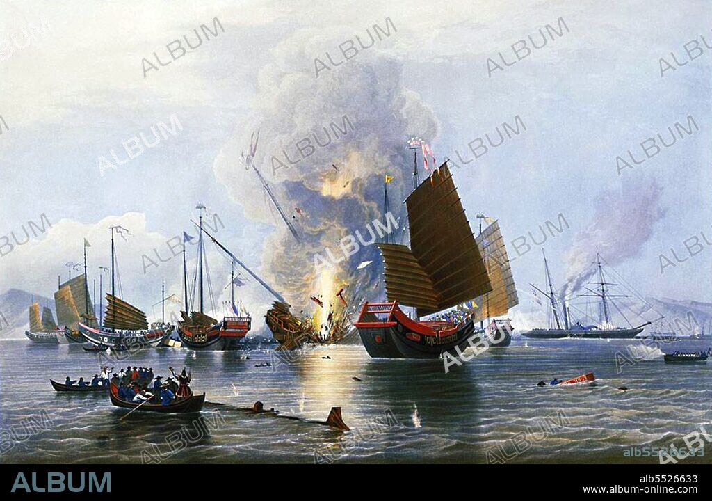 The Second Battle of Chuenpee was fought between British and Chinese forces at the Bocca Tigris, China, on 7 January 1841 during the First Opium War. The British captured the forts on the islands of Chuenpee and Tycocktow. The battle led to negotiations between British Plenipotentiary Charles Elliot and Chinese Imperial Commissioner Qishan in the Convention of Chuenpee. Elliot declared, among other arrangements, the cession of Hong Kong Island to the British Empire. During the battle, the iron steam ship Nemesis fired a congreve rocket which exploded a Chinese junk. A British officer gave his account of the incident: 'The very first rocket fired from the Nemesis was seen to enter the large junk . and almost the instant afterwards it blew up with a terrific explosion, launching into eternity every soul on board, and pouring forth its blaze like the mighty rush of fire from a volcano. The instantaneous destruction of the huge body seemed appalling to both sides engaged. The smoke, and flame, and thunder of the explosion, with the broken fragments falling round, and even portions of dissevered bodies scattering as they fell, were enough to strike with awe, if not fear, the stoutest heart that looked upon it'.