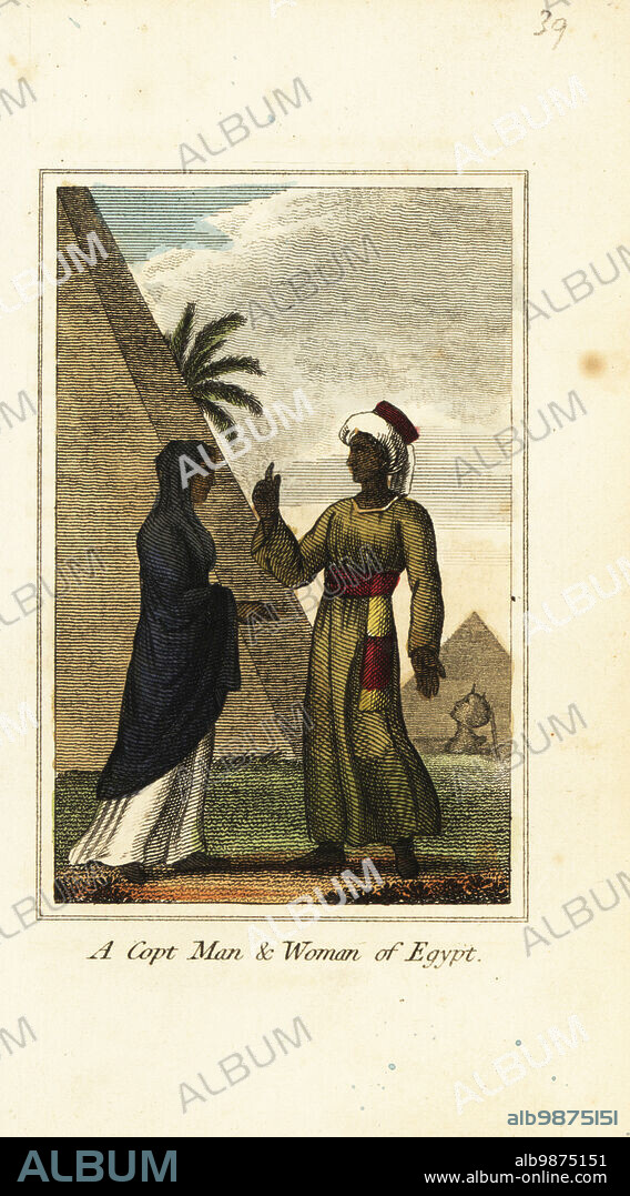 A Copt man and woman of Egypt, 1818. Coptic Christian people of Egypt in front of the pyramids. Handcoloured copperplate engraving from Mary Anne Vennings A Geographical Present being Descriptions of the Principal Countries of the World, Darton, Harvey and Darton, London, 1818. Venning wrote educational books on geography, conchology and mineralogy in the early 19th century.