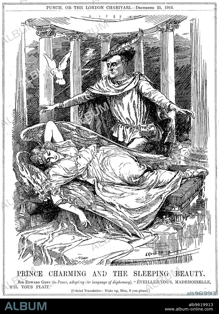 LEONARD RAVEN-HILL. 'Prince Charming and the Sleeping Beauty', 1912. Prince Charming, representing Sir Edward Grey (lst Viscount of Fallodon)  British Foreign Secretary 1905-1916 prepares to wake the sleeping figure of Peace after the signing in London of an armistice to end hostilities in the First Balkan War, fought between the Turkish Ottoman Empire and the Balkan League, consisting of Bulgaria, Greece, Serbia and Montenegro. Unfortunately peace was short-lived: a coup by the Young Turks in January 1913 led to Turkey recommencing hostilities, which continued until the Turks were defeated, losing virtually all their remaining European territories. A treaty ending the war was concluded in London in May 1913. From Punch, or the London Charivari, 25 December, 1912.
