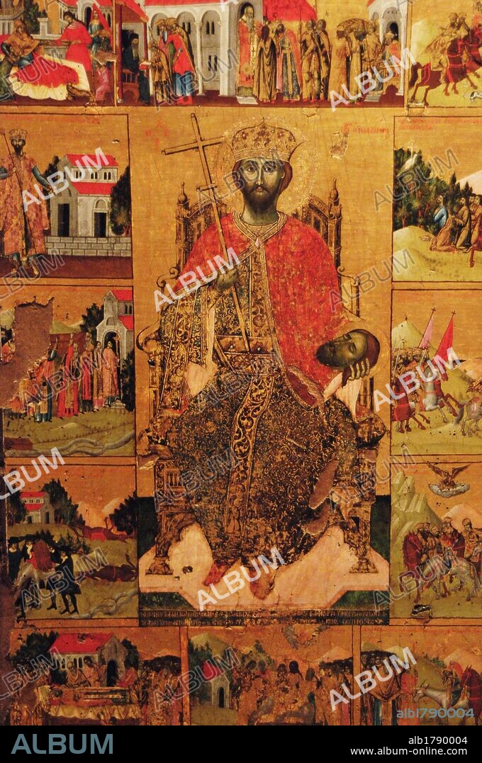 SAN JUAN VLADIMIR con diferentes escenas religiosas a su alrededor. S. XVIII. Konstantinos of Shpatit. República de Albania.
