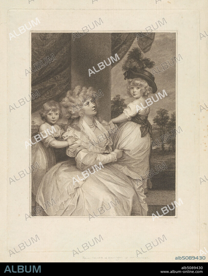 Jane, Countess of Harrington, with Her Children, Lord Petersham and Honorable Lincoln Stanhope, Print made by Francesco Bartolozzi RA, 17281815, Italian, active in Britain (176499), after Sir Joshua Reynolds RA, 17231792, British, 1789, Stipple engraving and etching on moderately thick, slightly textured, cream laid paper, Sheet: 16 3/4 x 13 1/4 inches (42.5 x 33.7 cm), Plate: 14 13/16 x 11 11/16 inches (37.7 x 29.7 cm), and Image: 11 9/16 x 9 1/8 inches (29.3 x 23.2 cm), boys, children, column (architectural element), costume, countess, curls, curtain, dresses, family, feathers, gowns (dresses), hat, mother, nobility, pearls, petticoat, portrait, sashes (costume accessories), sons, trees, woman.