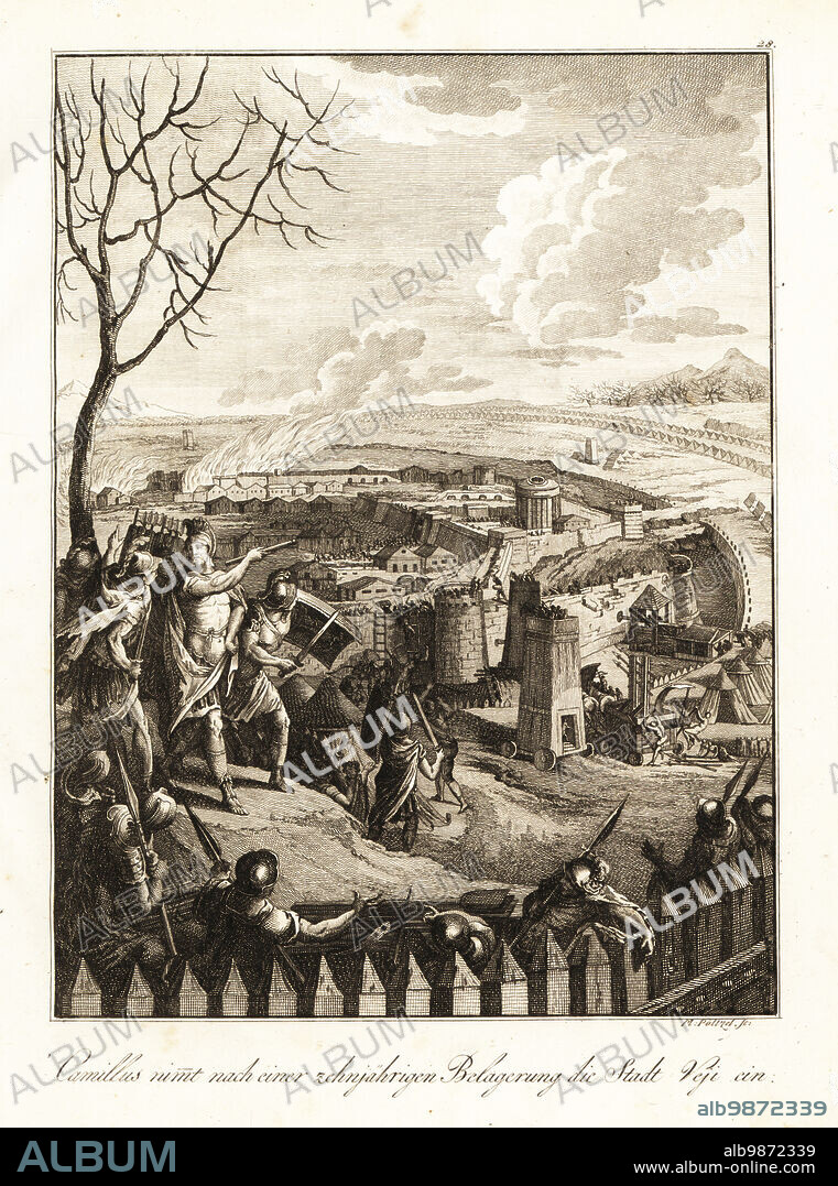 Roman general Marcus Furius Camillus destroying the Etruscan city of Veii or Velus after a decade-long siege in 396 BC. Soldiers use battering rams, siege engines, siege tower, ballista and ladders to storm the city. Camille se rend maitre de Veies que les Romains assiegeoient depuis dix ans. Copperplate engraving by Martin Pöltzel after a design by Gabriel de St. Aubin from Professor Joseph Rudolf Zappes Gemalde aus der romischen Geschichte, Pictures of Roman History, Joseph Schalbacher, Vienna, 1800. German edition of Abbe Claude Francois Xavier Millots Abrege de lHistoire Romaine.