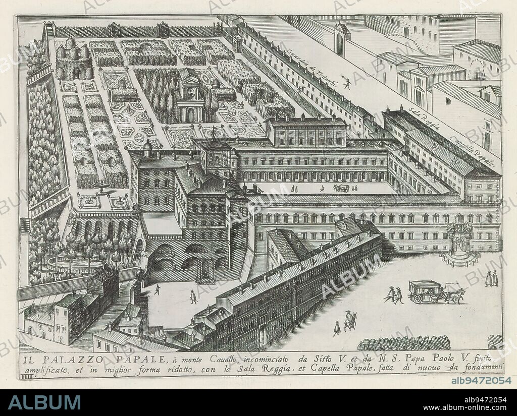 Palazzo del Quirinale and gardens at Rome, Il Palazzo Papale, à monte Cavallo, incominciato da Sisto V. et da N. S. Papa Paolo V (...) (title on object), Monuments and buildings erected during the pontificates of Popes Paul V and Sixtus V (series title), View of the Palazzo del Quirinale and gardens on the Quirinal at Rome. Title in Italian in the lower margin. Print is part of an album., print maker: Matthäus Greuter, publisher: Matthäus Greuter, Paulus V, print maker: Rome, publisher: Rome, Vaticaanstad, 1618, paper, engraving, height 168 mm × width 225 mm.