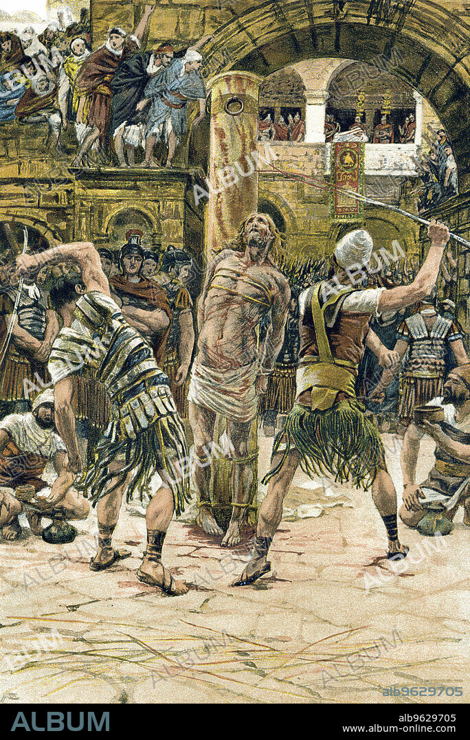 JAMES TISSOT. Jesus scourged on the face, c1897. After his arrest, during the week of his Passion leading up to the crucifixion, Jesus was humiliated, tried and tortured.  Here he is tied to a pillar and whipped on the face. (Bible: John 9). From Life of Our Saviour Jesus Christ by JJ Tissot. (London, c1897).