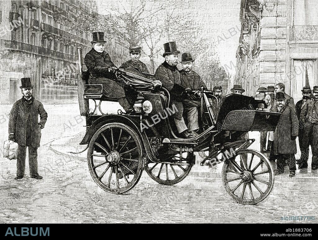 SERPOLLET, LEON (Culoz, 1858-París, 1907). Mecánico francés que inventó el automóvil a vapor que se presentó con éxito en la Exposición de 1886. Grabado de un coche movido por vapor. Siglo XIX.