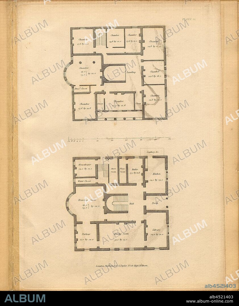 The Plan of a Villa of large size, Floor plan of a large villa, Plate 16, to p. 23, 1835, Edmund Aikin: Designs for villas and other rural buildings ...: together with a memoir of the author and an introductory essay, containing remarks on the defects of modern architecture, and an investigation of the style best adapted for the dwellings of present times. London: Weale. 1835.