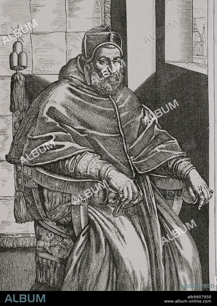 Sixto V (1521-1590). Papa número 227 de la Iglesia católica (1585-1590). Retrato. Grabado. Sciences & Lettres au Moyen Age et à l'époque de la Renaissance. París, 1877.