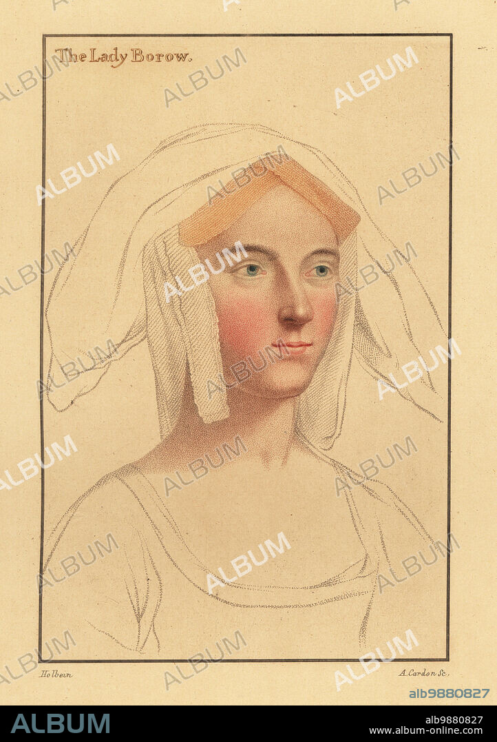 Alice London, second wife to Lord Thomas Burgh, courtier to Prince Edward. Or Catherine Clifton, later Lady Borough (Lady Borow), wife of William Lord Borough, second daughter of Edward Clifton, Earl of Lincoln. Or Catherine Parr, 1512-1548, Queen of England as last wife of KIng Henry VIII. Handcoloured copperplate stipple engraving by Anthony Cardon after a portrait by Hans Holbein the Younger from Imitations of Original Drawings by Hans Holbein, John Chamberlaine, London, 1812.