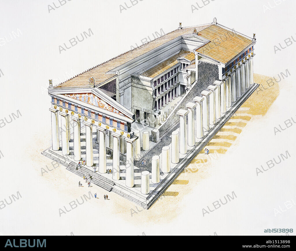 Italy - Sicily Region - Greek Selinunte (Selinus). Reconstructed Temple G. Color illustration.