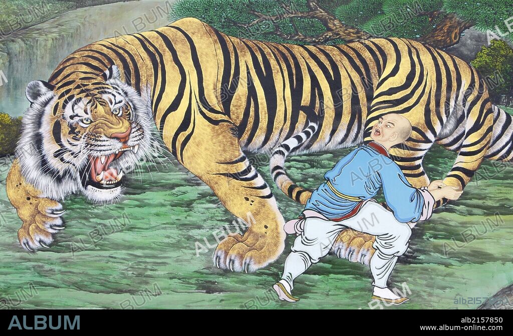 Zen koan painting depicting monk and tiger.