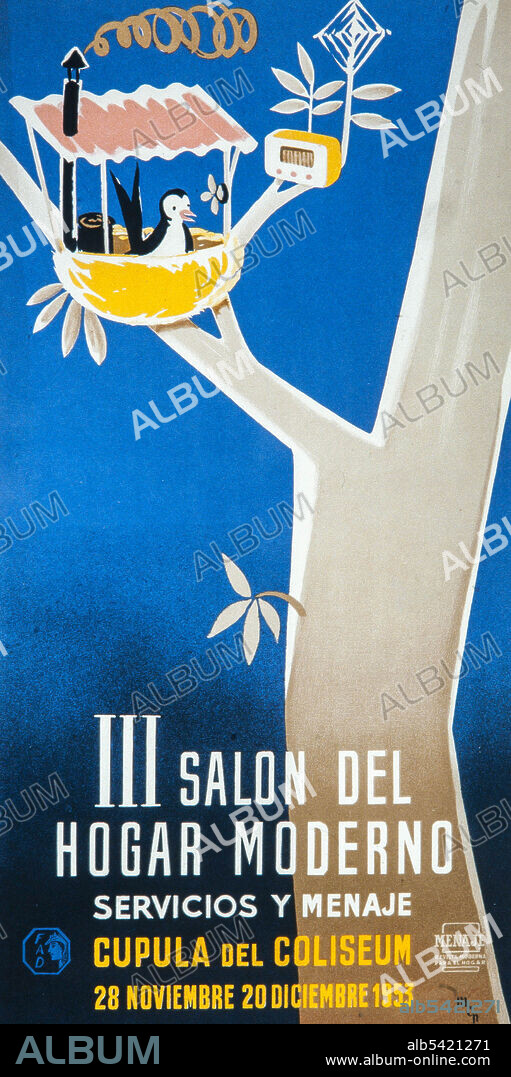 Cartel de MCP (Martí, Clavé y Picó), 'III Salón del Hogar Moderno, Servicios y menaje. Cúpula del Coliseum, 28 noviembre / 20 diciembre 1953'. Colección privada.