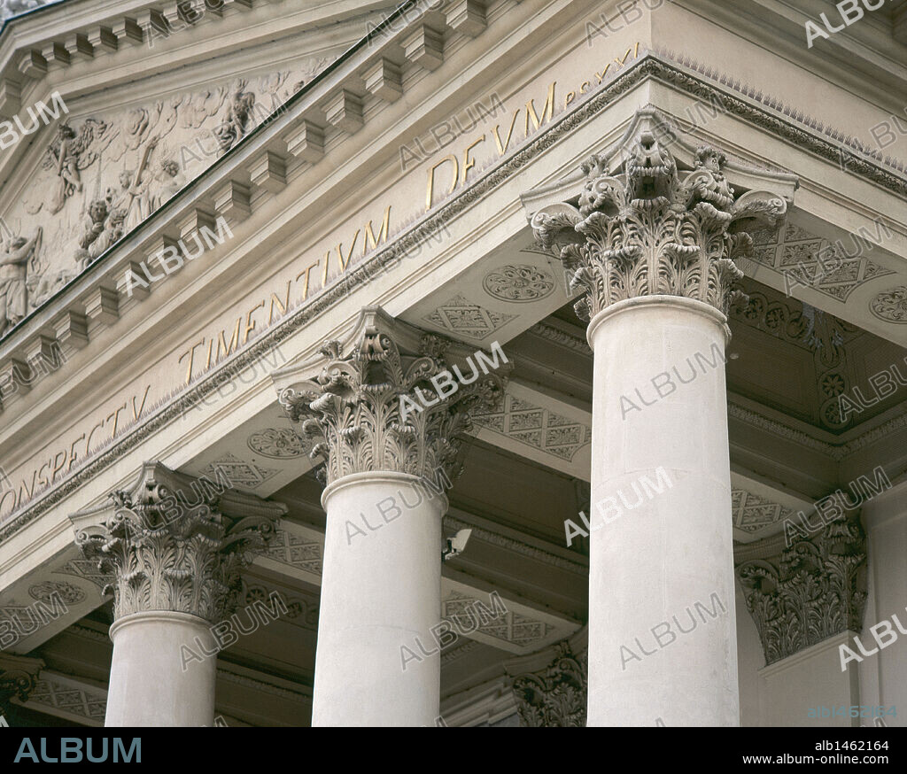 Baroque Art. Karlskirche or Church of St. Charles Borromeo (1716-1737). Detail of the colonnade on the facade. Vienna. Austria.