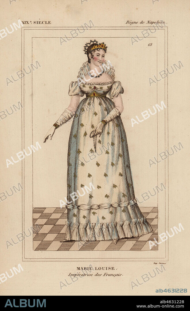 Marie Louise, Empress of France, Duchess of Parma, second wife to Napoleon Bonaparte 1791-1847. Handcoloured lithograph from Le Bibliophile Jacob aka Paul Lacroix's Costumes Historiques de la France (Historical Costumes of France), Administration de Librairie, Paris, 1852.