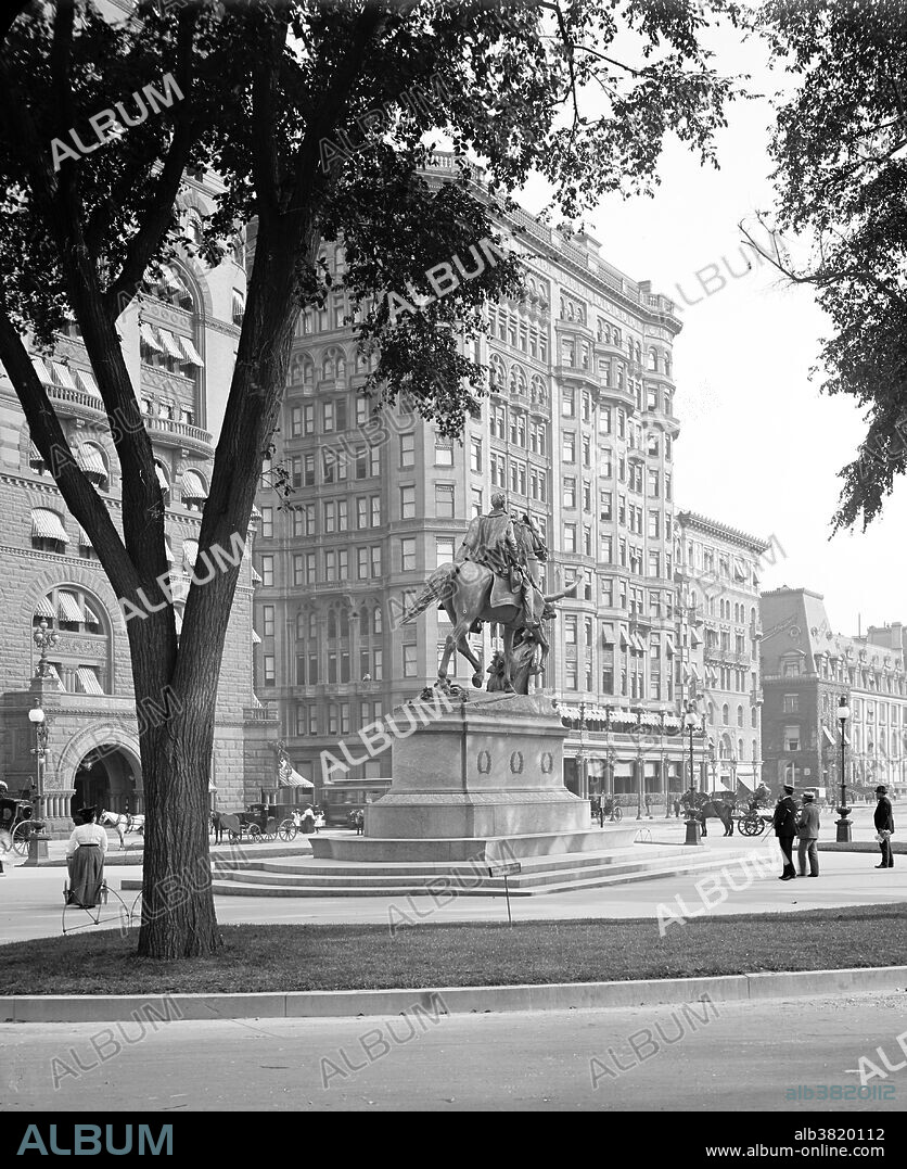 The Hotel Savoy at 709 Fifth Avenue and 59th Street was built 1891-92 by the architect Ralph S. Townsend. Construction costs were about $2 million and the decorations and furnishings of the banquet hall on the first floor alone cost $60,000. The interiors took advantage of American society's fascination of things French. There were five public parlors on the second floor - one decorated in the Louis XIV, one in the "First Empire," and three in Louis XVI decor. The Savoy accommodated both transient and permanent guests and was outfitted with the latest in safety technology - electric fire alarms. It was demolished 1925-26 and replaced by The Savoy Plaza Hotel which was demolished in 1966. Photographed by the Detroit Publishing Company, 1904.