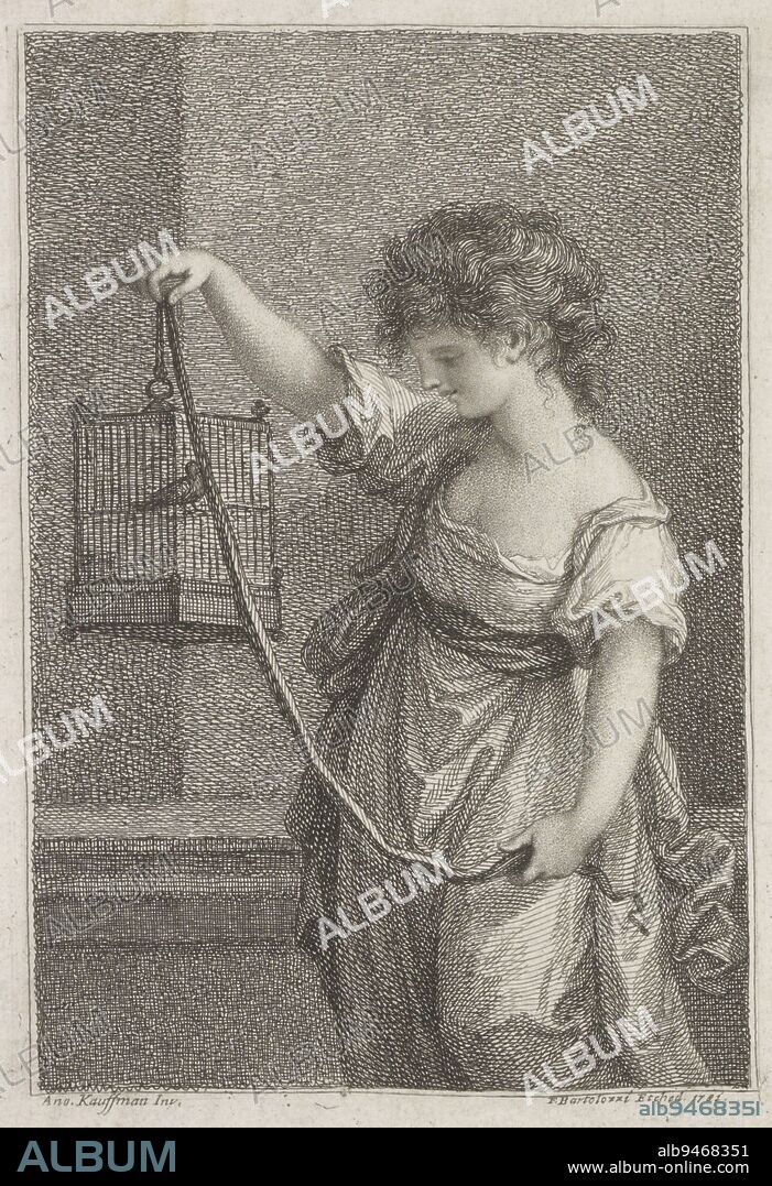 A girl with a birdcage in her right hand, Girl with birdcage Leonora, print maker: Francesco Bartolozzi, (mentioned on object), Angelica Kauffmann, (mentioned on object), publisher: John Walker, London, 1-Nov-1781, paper, etching, h 192 mm, w 146 mm.