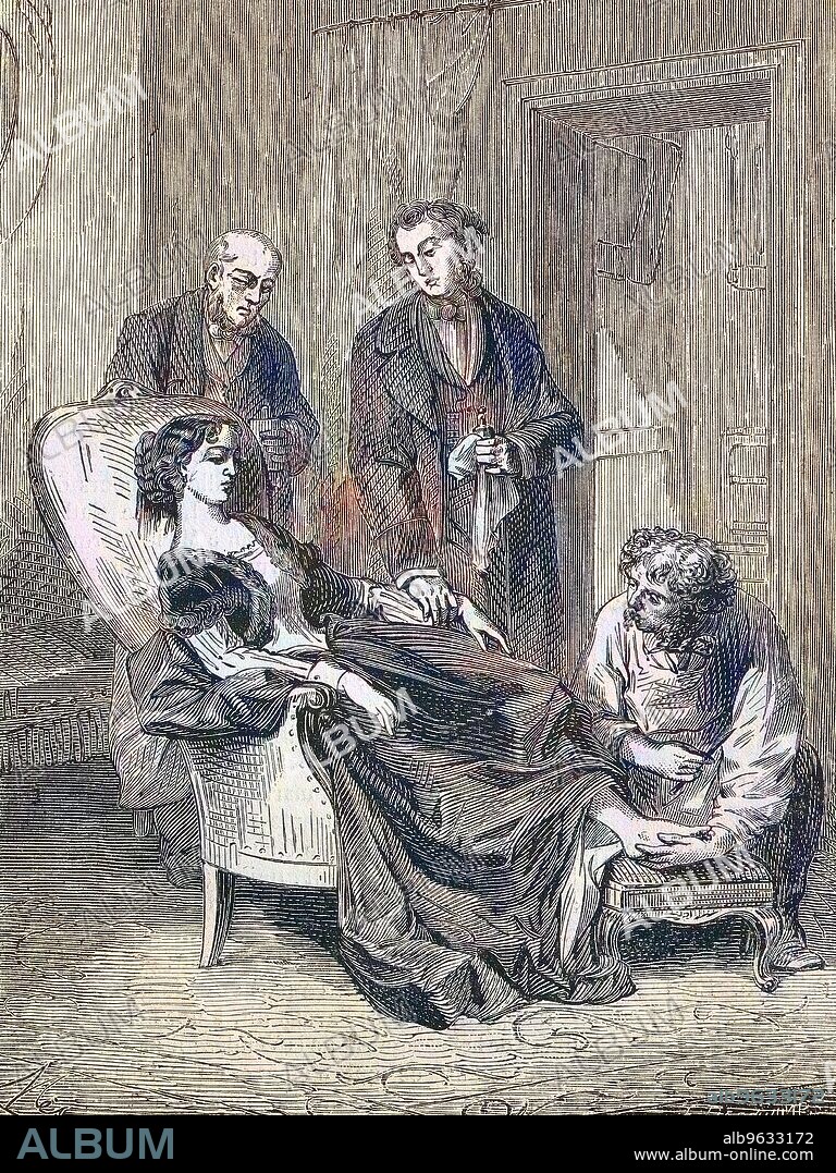 The death of Hannah Greener from inhaling too much chloroform as an anesthetic, 1848, England, Historical, digitally restored reproduction of an original artwork from the 19th century, exact original date unknown.