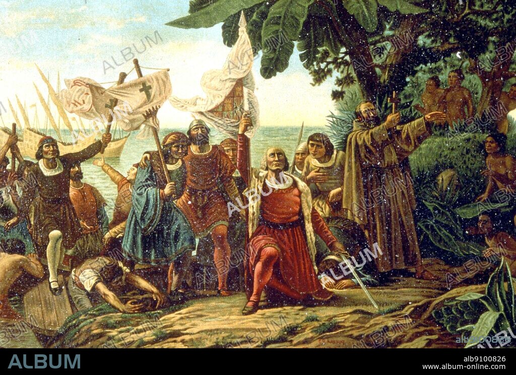 Christopher Columbus (1451-1506) landing on Island of San salvador Bahamas 12 October 1492.
