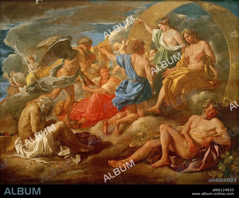 NICOLAS POUSSIN. Poussin, Nicolas. 1594-1665. "Helios und Phaeton mit Saturn und den vier Jahreszeiten", 1630. (Phaeton bittet Helios, ihm den Sonnenwagen anzuvertrauen; - Ovid, Met. II, 31ff.). Öl auf Leinwand, 125 × 155,7 cm. Inv. Nr. 478.