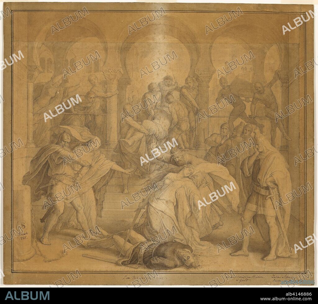 The Nibelungen's End - The Death of Kriemhild. Julius Schnorr von Carolsfeld; German, 1794-1874. Date: 1845. Dimensions: 504 x 638 mm (primary support); 620 x 685 mm (secondary support). Graphite and brush and brown washes on tan laid paper, with added strip of tan wove paper at top (restoration), laid down on brown wove paper. Origin: Germany.
