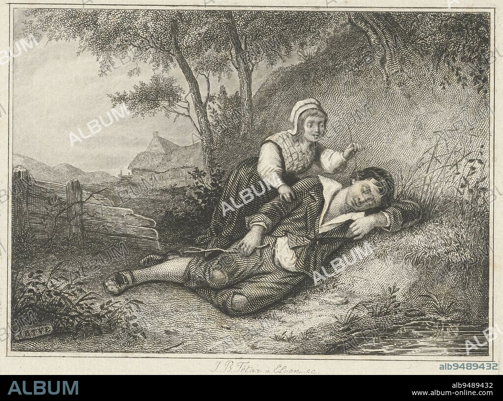 Sleeping boy, Jan Baptist Tetar van Elven, 1815 - 1889, print maker: Jan Baptist Tetar van Elven, (mentioned on object), Netherlands, 1815 - 1889, paper, steel engraving, h 108 mm × w 149 mm, h 61 mm × w 85 mm.