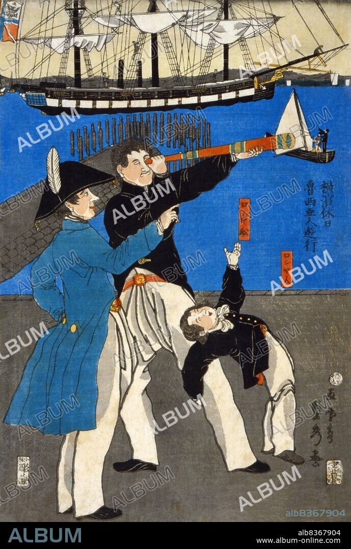 Japan: 'Russians enjoying themselves on Sunday in Yokohama'. Woodblock print by Utagawa Sadahide (1807-1878/1879), 1861. Utagawa Sadahide, also known as Gountei Sadahide, was a Japanese artist best known for his prints in the <i>ukiyo-e</i> style as a member of the Utagawa school. His prints covered a wide variety of genres; amongst his best known are his <i>Yokohama-e</i> pictures of foreigners in Yokohama in the 1860s, a period when he was a best-selling artist. He was a member of the Tokugawa shogunate's delegation to the International Exposition of 1867 in Paris.
