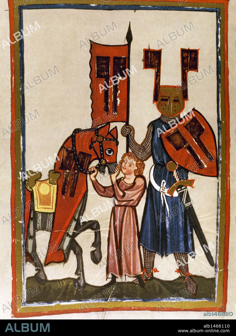 Wolfram von Eschenbach (Eschenbach, h.1170-Eschenbach, 1220), German poet, author of "Parzival", with harness and standard of assault. Fol. 149v. Codex Manesse (ca.1300) by Rudiger Manesse and his son Johannes. University of  Heidelberg. Library. Germany.