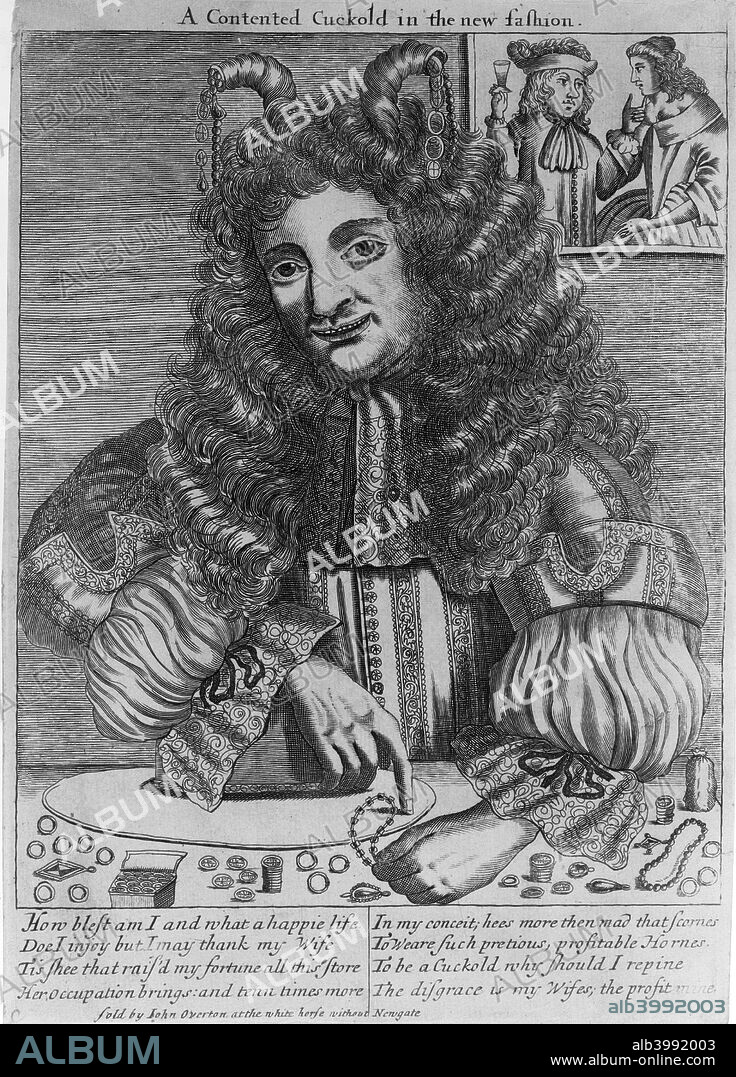 A Contented Cuckhold in the new fashion, pub. c.1680 (bw engraving). with Note that his hair has been made to look like horns to symbolise he is a cuckold.