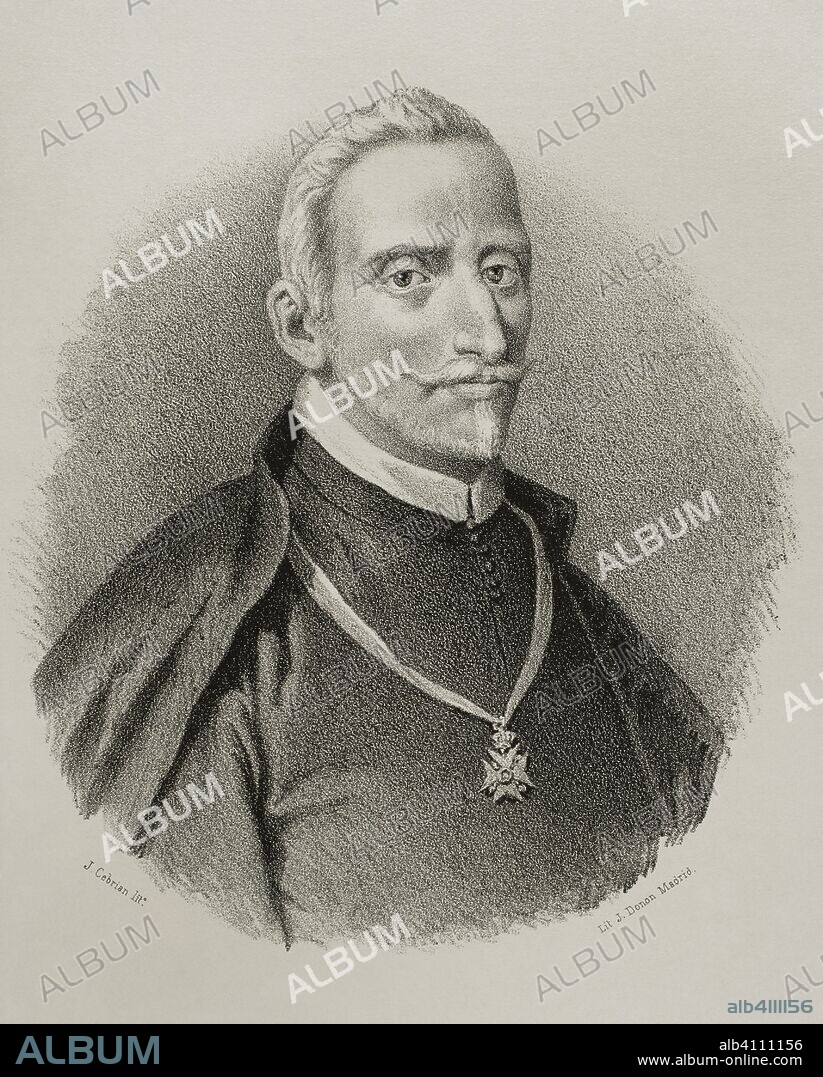 Lope Félix de Vega Carpio (1562-1635). Poeta y dramaturgo del Siglo de Oro español. Dibujo por J. Cebrián. Litografía. Retrato. Crónica General de España, Historia Ilustrada y Descriptiva de sus Provincias. Castilla-La Nueva, 1869. Biblioteca Histórico Militar de Barcelona, Cataluña, España.