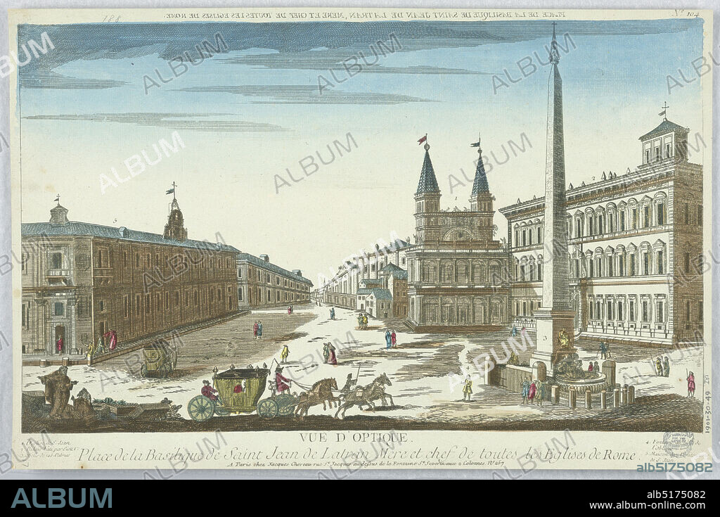 Peep-show, Vue d'Optique, Place de la Basilique de Saint Jean de Latran Mere et Chef de Toutes Les Eglises de Rome, No. 104, Engraving in ink with washes of watercolor on paper, mounted on scrapbook page, Peep-show print, France, ca. 1750, Print, Print.