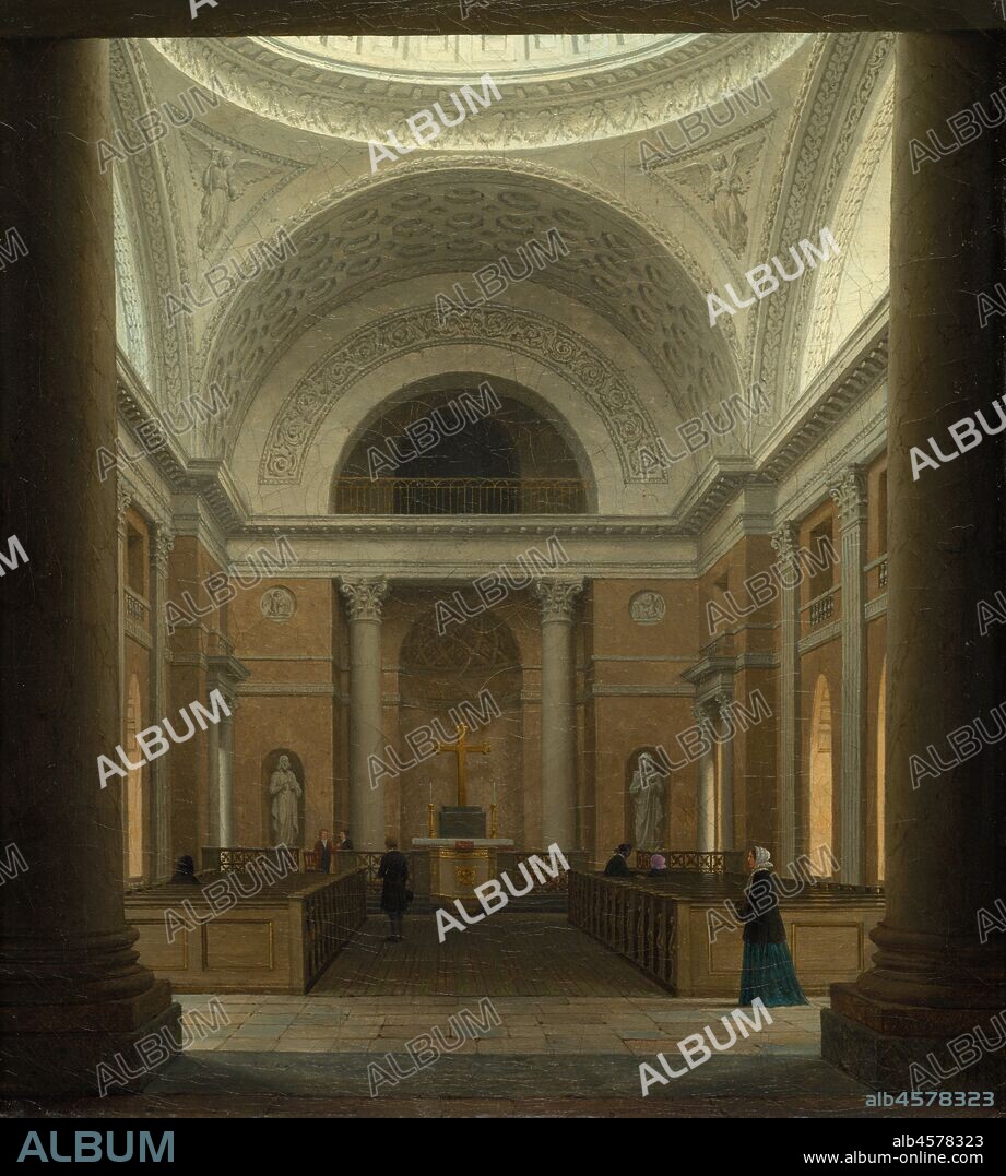 The Slotskirken of Christiansborg, Copenhagen, c. 1850s. Among the many important Neoclassical buildings erected in Copenhagen during the 1800s was the Slotskirke or royal chapel, completed in 1826. Heinrich Hansen painted this sober, quiet view of the chapel's interior, carefully rendering its delicate shadows and patches of sunlight. Probably inspired by 17th-century Dutch paintings of church interiors, the artist accurately portrayed many of the building's features. The angels in the pendentives (the triangular areas beneath the circular dome) were carved by the great Danish sculptor Bertel Thorvaldsen (1768-1884).