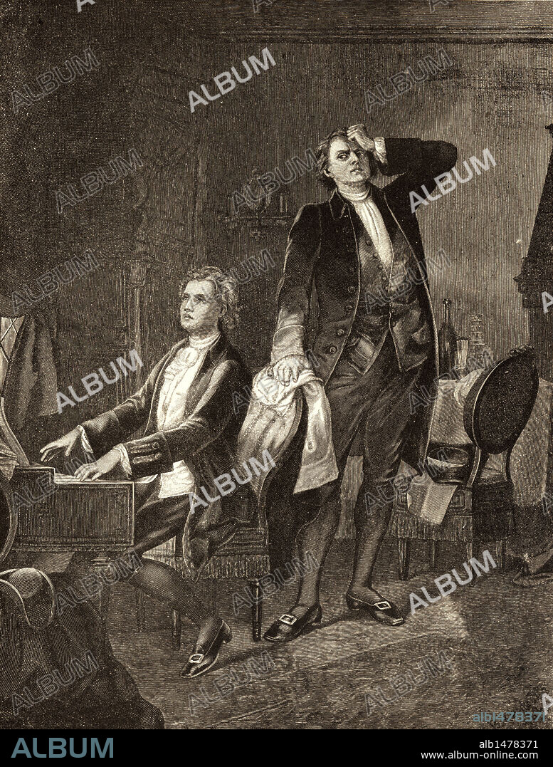 Johann Wolfgang Amadeus Mozart (Salzburg, 1756-Viena, 1791) y Antonio Salieri (Legnago, 1750-Viena, 1825), compositores de música clásica. Grabado de 1886.