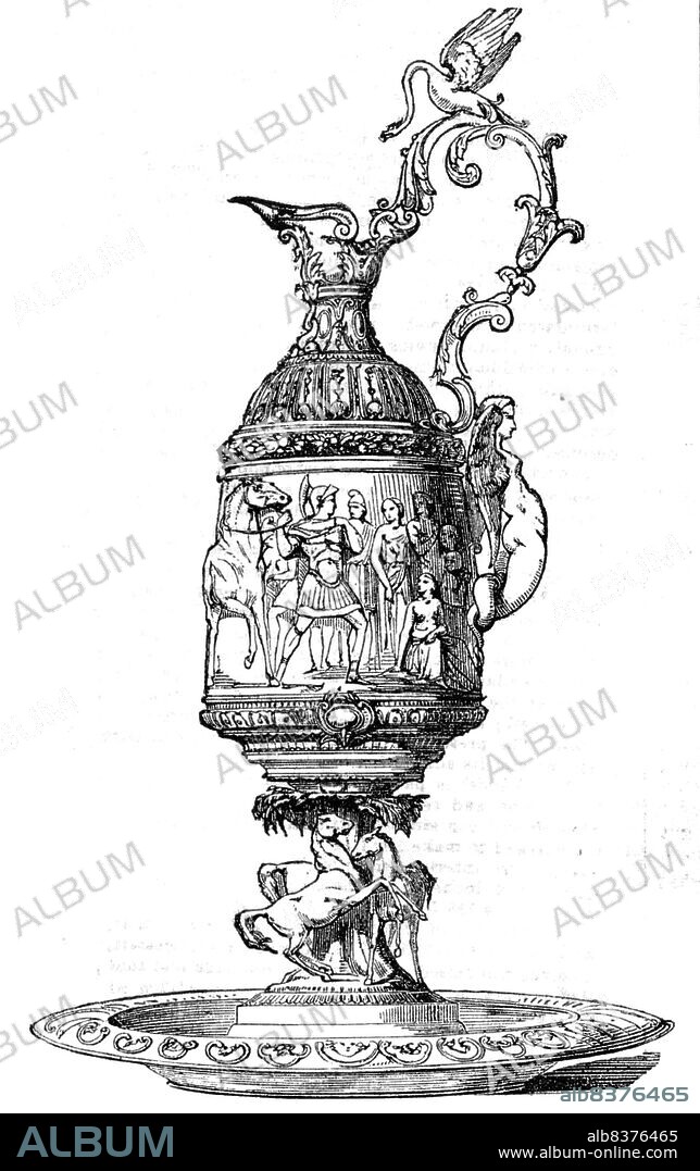 Goodwood Race Prize - Bucephalus tamed by Alexander the Great, 1854. 'The second prize is, in fact, an actual Cup. It has been manufactured at the establishment of Mr. Hancock, New Bond street, after a design of M. Lami, the celebrated French artist...The Cup, which rises from a dish calculated to hold flowers, &c., is three feet high, and is in the Cinque-Cento style, elaborately executed in bright and frosted silver. Around the centre of the Cup is a series of groups, very fine in design, representing the horse Bucephalus tamed by Alexander the Great. The whole is vigorous and bold in outline. The handle is partly formed by the figure of a female, a marine deity; and on the summit is a statuette swan, with outspread wings'. From "Illustrated London News", 1854.