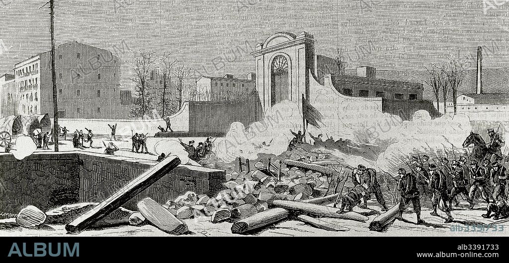 Historia de España. Barcelona, Cataluña. Sublevación contra las quintas en 1870. Barricadas delante de la España Industrial, en el barrio de Sants. Tropas avanzando. Grabado por Laporta. "La Ilustración Española y Americana", 1870.