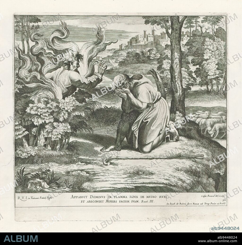 God appears to Moses in the burning bush, Raphael Bible (series title), Paintings in Raphael's Loggia (series title), Imagines Veteris ac Novi Testamenti (series title), God appears to Moses in the burning bush. Moses is kneeling with his hands in front of his face. Bible verse below the image. Print is part of an album., print maker: Cesare Fantetti, (mentioned on object), after drawing by: Cesare Fantetti, (mentioned on object), after painting by: Rafaël, (mentioned on object), print maker: Italy, after drawing by: Italy, after painting by: Vaticaanstad, publisher: Rome, Vaticaanstad, 1675, paper, etching, height 262 mm × width 270 mm.