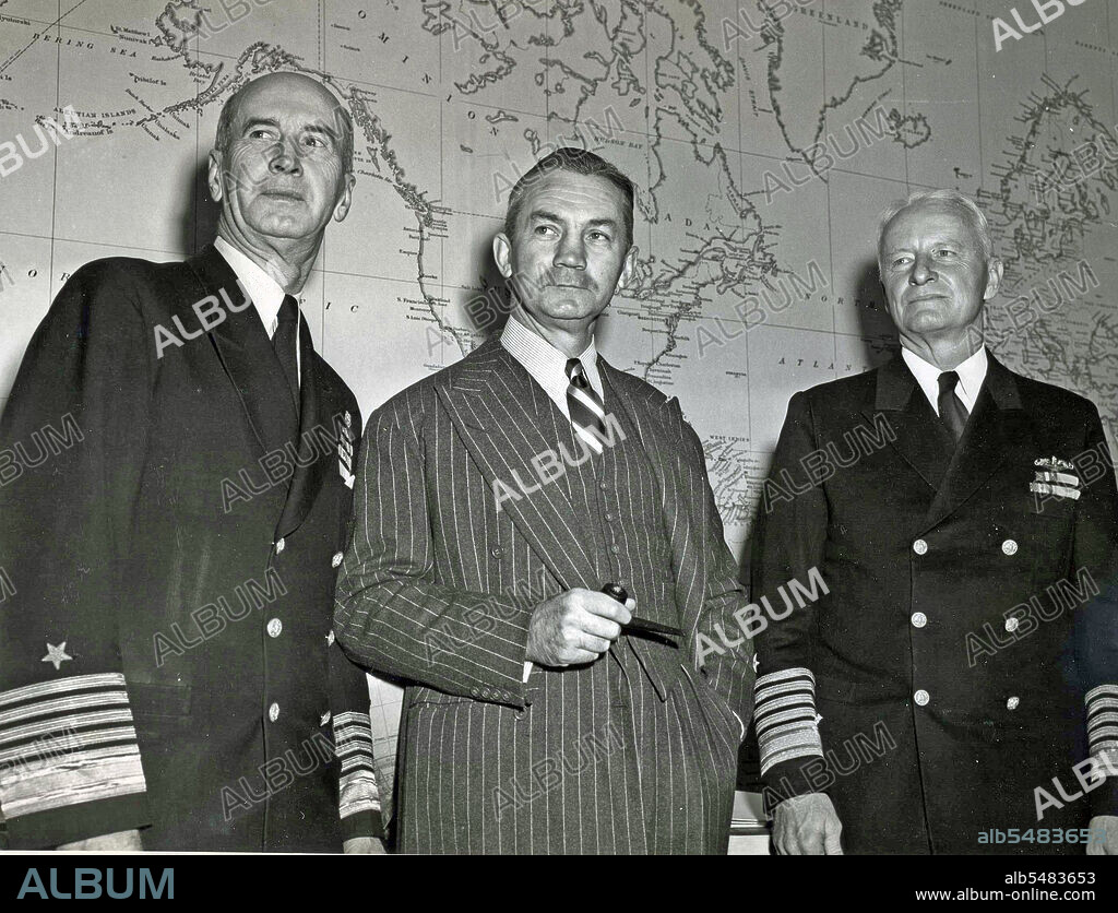 (Chief of Naval Operations) - CNO announcement - Admrial King, Secretary Forrestal, and Admiral Nimitz.