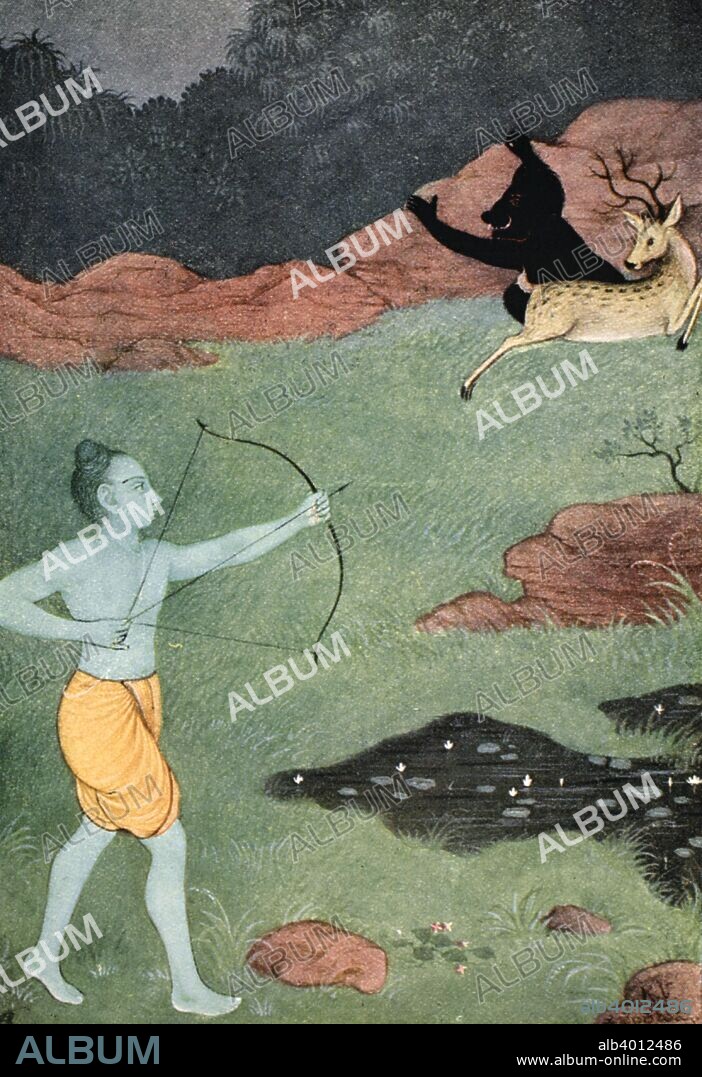 The death of Maricha, 1913. A scene from the Hindu epic, the Ramayana. Maricha takes the form of a golden deer and is killed by Rama. Illustration from Myths of the Hindus and Buddhists by Sister Nivedita and Ananda Coomaraswamy, 1st edition, 1913. From a private collection.