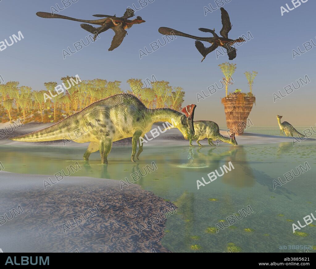 A family of Olorotitan eat duckweed in a large swamp as two Microraptor birds fly overhead.
