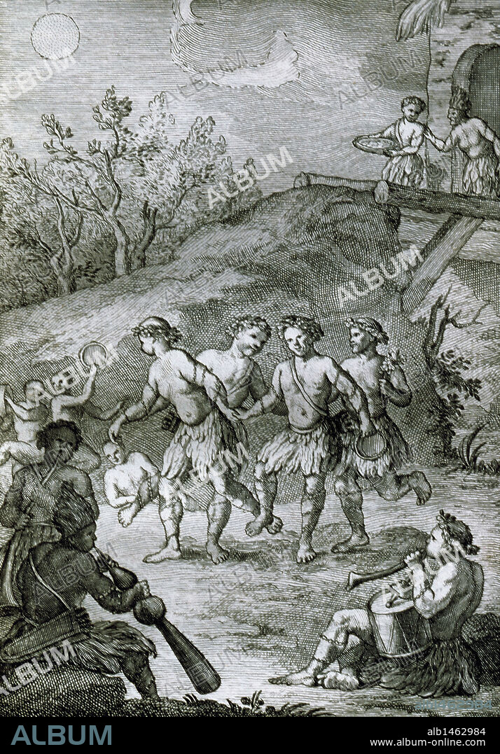 INDIGENAS. INDIOS MAPUYES, habitantes de la ribera del río Orinoco y del afluente andino Apure, realizando una danza nupcial. Grabado del siglo XVIII.