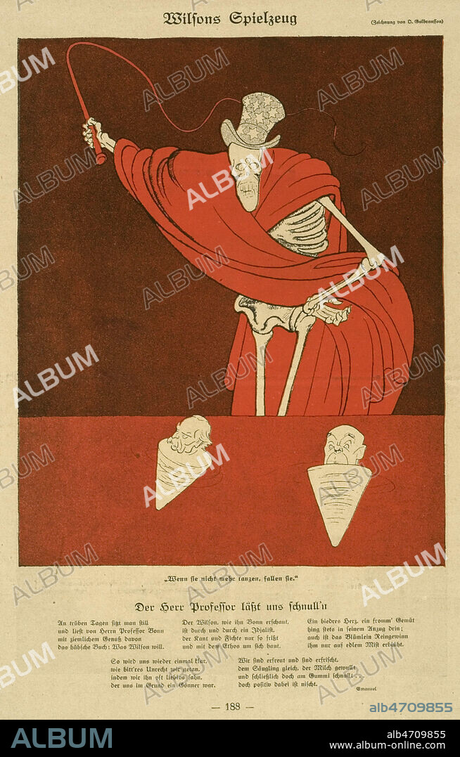 OLAF GULBRANSSON. 'Les jouets de WILSON (1856-1924)' : le president americain joue avec les toupies CLEMENCEAU (1841-1929) et Lloyd GEORGE (1863-1945). Illustration de GULBRANSSON (1873-1958)(ADAGP) pour le Simplicissimus du 16 juillet 1918. Credit : Coll. Dixmier/KHARBINE-TAPABOR.