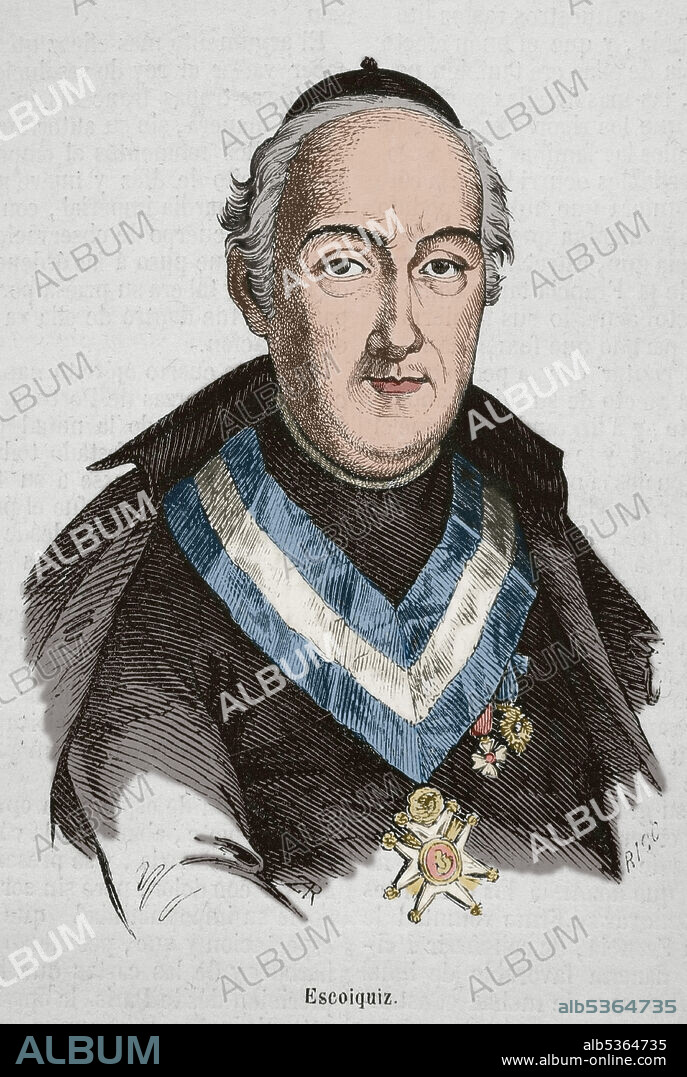 BERNARDO RICO (1825-1894). SPANISH PAINTER AND ENGRAVER.. Juan Escoiquiz (1747-1820). Escritor, político y canónigo español. Fue preceptor de Fernando VII. Retrato. Grabado por Rico. Coloreado. Historia General de España por el Padre Mariana. Madrid, 1853.