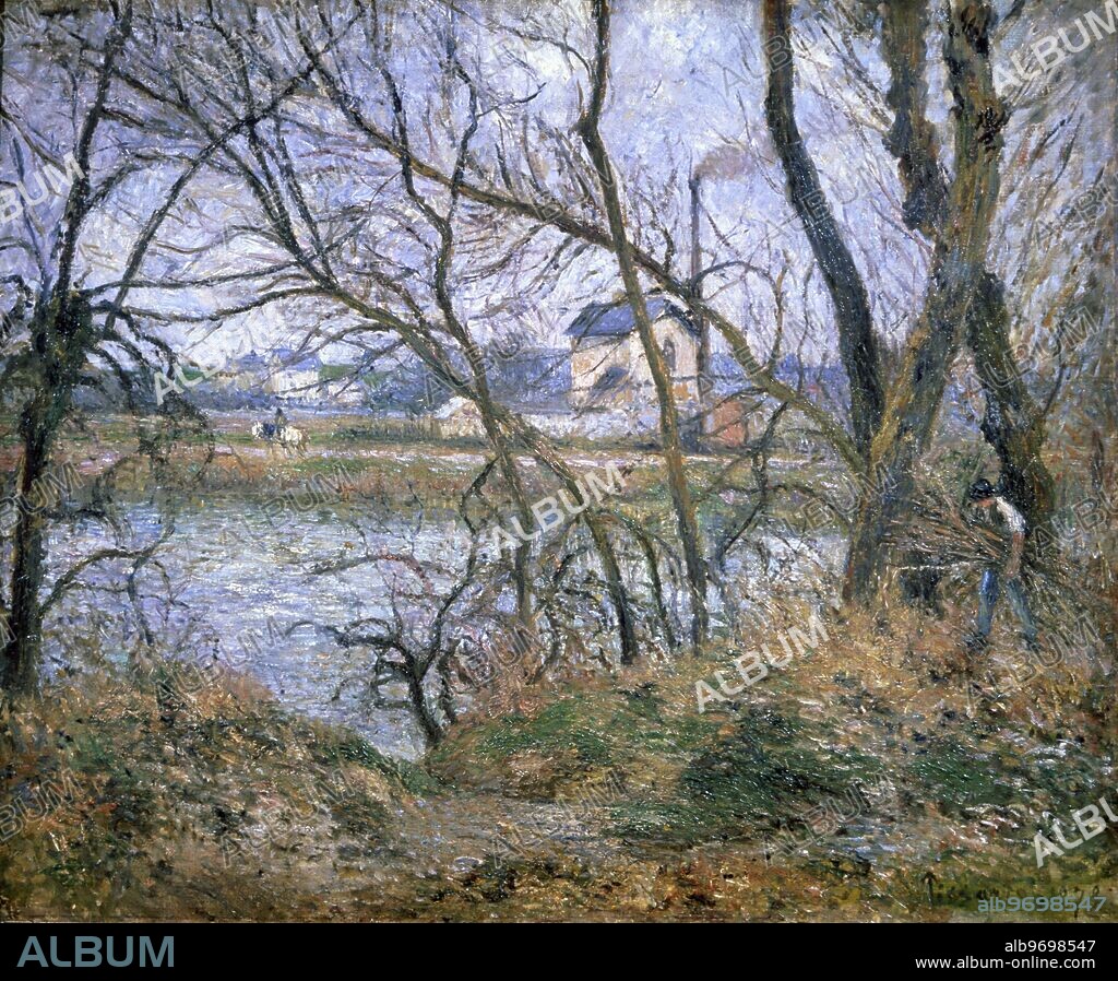 The Banks of the Oise, near Pontoise - 1878. Camille Pissarro. Musee d'Orsay, Paris. Camille Pissarro (July 10, 1830 - November 13, 1903) was a French impressionist painter. Â©TopFoto. The Banks of the Oise, near Pontoise, Cloudy Weather, 1878 (oil on canvas). Additional Info Bords de l'Oise, Pres de Pontoise, Temps Gris;. Artist Pissarro, Camille (1831-1903). Location Musee d'Orsay, Paris, France. Medium oil on canvas. Dimensions 54.5x65.5. Century C19th. Nationality French. Keywords Impressionist gathering firewood autumn landscape river.