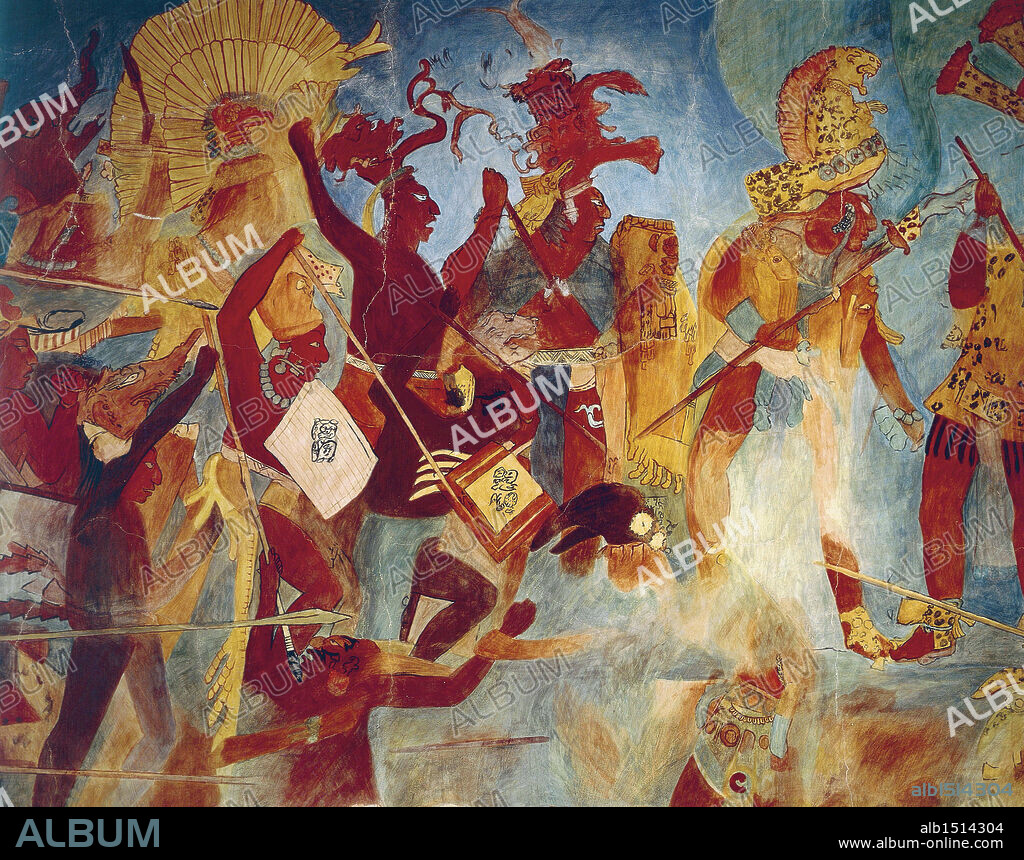 Maya civilization, Mexico, 9th century A.D. Reconstruction of Bonampak frescos. Room 2. War scenes.