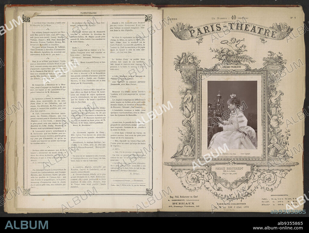 Portrait of Sarah Bernhardt as Doña Maira de Neubourg in Ruy Blas, Sarah Bernhardt Rôle de la Reine (Ruy Blas) (title on object), Étienne Carjat (mentioned on object), G. Bouvi (mentioned on object), France, c. 1868 - before 3-Jul-1873, paper, height 123 mm × width 87 mm.