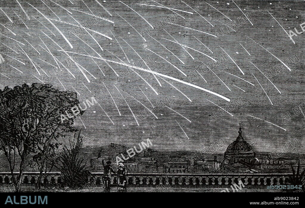 Engraving depicting a meteor shower observed from Boston in 1872. Dated 19th Century.